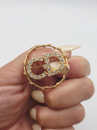 Christian Dior Gold-tone Crystal CD Logo Round Brooch