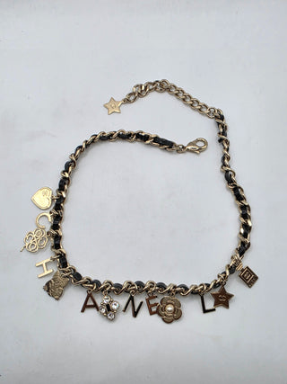 Chanel Gold-tone Faux Pearl, Strass Leather Interlocking Logo Collar Necklace