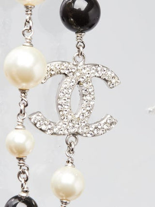 Chanel Black White Glass Bead and Crystal Interlocking CC Long Necklace