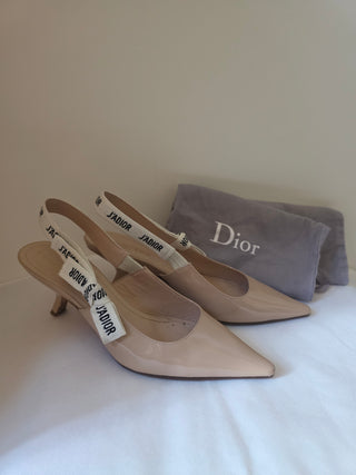 Christian Dior Beige Patent Leather J'Adior Printed Slingback Pumps 39.5 sz