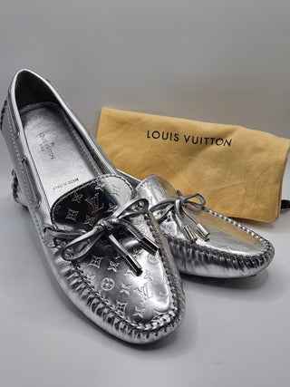 Louis Vuitton Metallic Silver Leather LV Monogram Loafers 38.5 EU