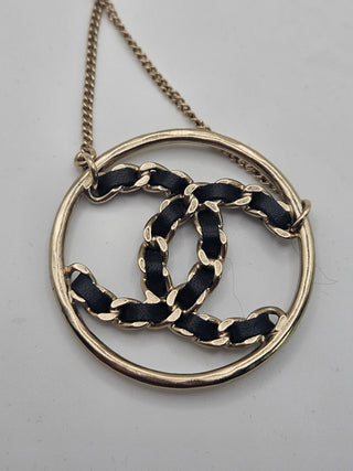 Chanel Leather Gold-tone Interlocking CC Pendant Necklace