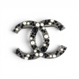 Chanel Silver-tone Faux Pearl Resin Interlocking CC Pin Brooch