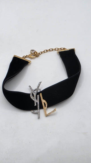 Yves Saint Laurent Black Velvet Crystal Two Tone YSL Metal Logo Choker Necklace