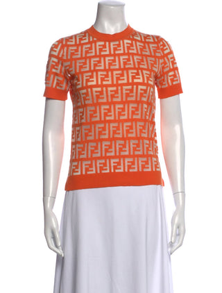 Fendi FF Logo Zucca Knit Short-Sleeve Top — Orange XS sz