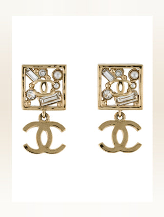 Chanel Gold-tone Faux Pearl Strass Cluster Interlocking CC Drop Earrings
