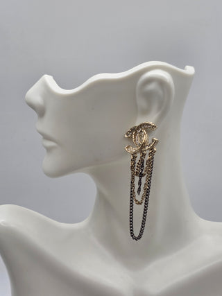 Chanel Gold-tone Strass Interlocking CC Chain Drop Earrings