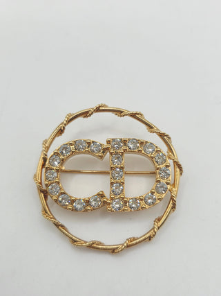 Christian Dior Gold-tone Crystal CD Logo Round Brooch