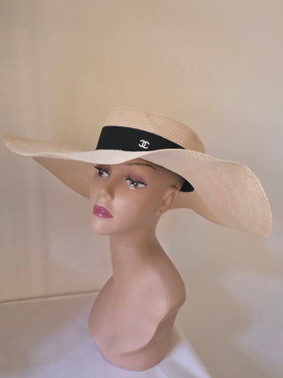 Chanel Beige Raffia Interlocking CC Logo Wide Brimmed Hat M sz