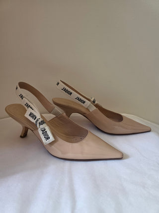 Christian Dior Beige Patent Leather J'Adior Printed Slingback Pumps 39.5 sz