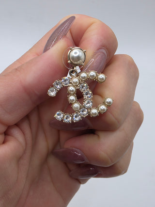 Chanel Gold-tone Faux Pearl Strass Interlocking CC Drop Earrings