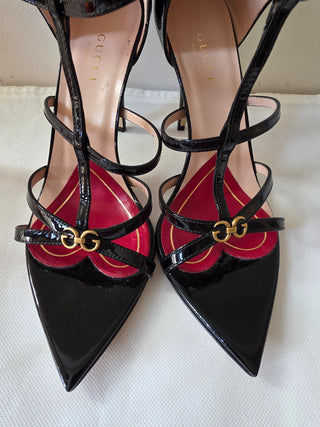 Gucci Patent Leather GG Charm T-Strap Sandals 36.5 sz