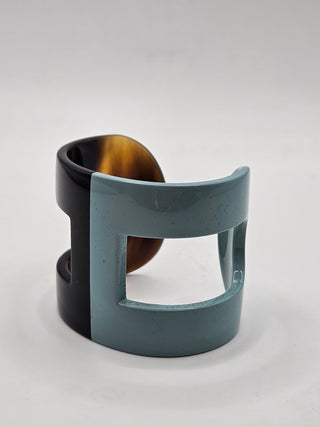 Hermès Blue Brown Horn Resin Ano Wide Cuff Bracelet