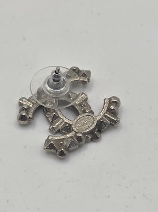 Chanel Silver-tone Strass Interlocking CC Stud Earrings