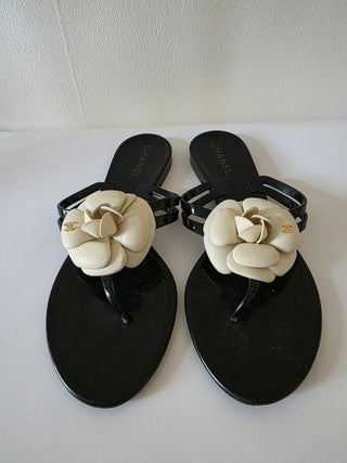 Chanel Black Interlocking CC Logo Jelly Slides 39 sz