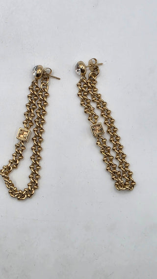 Fendi Gold-tone Crystal Chain Drop FF Logo Earring