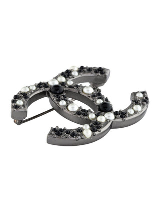 Chanel Silver-tone Faux Pearl Resin Interlocking CC Pin Brooch