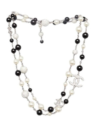 Chanel Black White Glass Bead and Crystal Interlocking CC Long Necklace