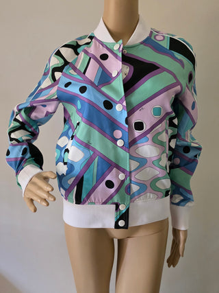 Emilio Pucci Blue Multicolor 
Silk Signature Printed Jacket S sz