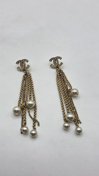 Chanel Gold-tone Faux Pearl Interlocking Drop Earrings