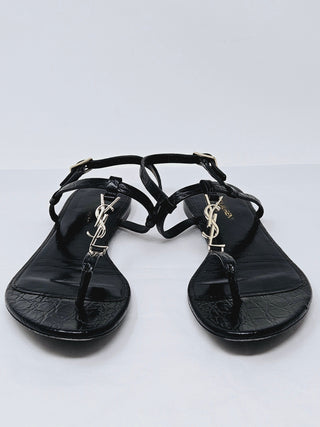 Sexy SAINT LAURENT Black leather Cassandra T-Strap Sandals 38 EU