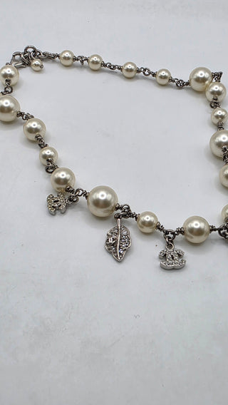 Chanel Faux Pearl Strass Interlocking CC Silver-tone Charm Necklace