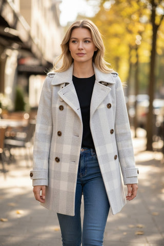 Burberry Brit Grey White Cotton Wool Check Double Breasted Coat 6 40 sz