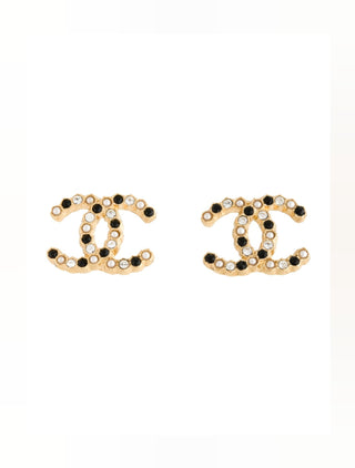 Chanel Gold-tone 2020 Faux Pearl Strass Interlocking CC Stud Earrings