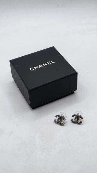 Chanel Silver-tone Interlocking CC Tweed Stud Earrings