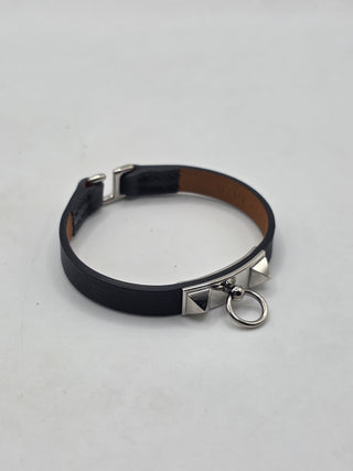 Hermes Black Swift Calfskin Leather Palladium Plated Mini Rivale Bracelet Size T2