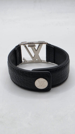 Louis Vuitton Silver-tone LV Logo Black Leather Hockenheim Bracelet