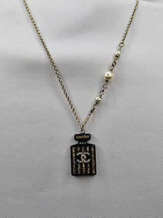 Chanel Faux Pearl Resin & Strass CC Logo Perfume Pendant Necklace