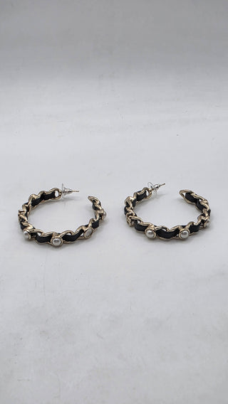 Chanel 2019 Faux Pearl Leather Interlocking CC Hoop Earrings