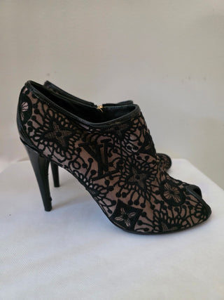 Louis Vuitton Black suede LV Monogram peep-toe booties 38.5 sz
