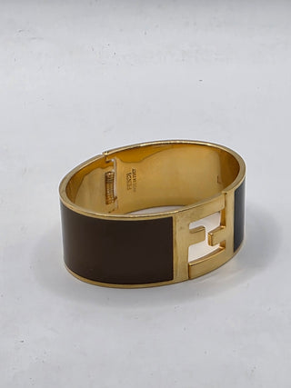 Fendi Gold-tone Brown Enamel FF Fendista Bangle Bracelet