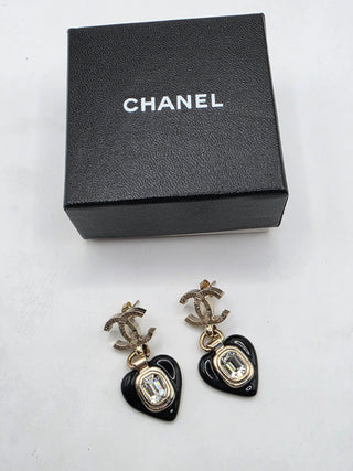 Chanel Strass Enamel Interlocking CC Heart Drop Earrings