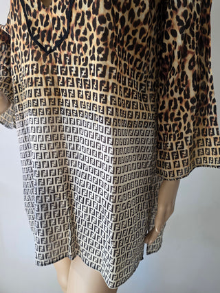 Fendi Brown Multicolor FF Logo Animal Print V-Neck blouse 40 sz