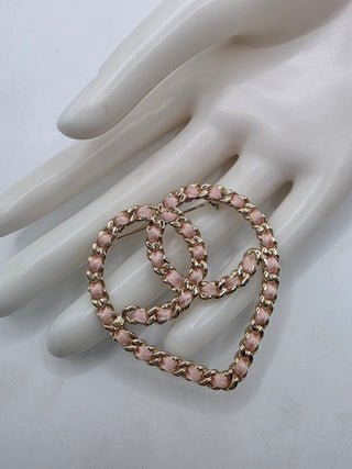 Chanel Gold-tone Silk Chain Woven CC Heart Oversized Brooch