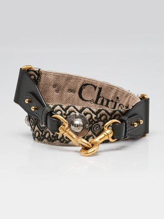 Christian Dior CD Logo Beige Green Embroidered Studded Canvas Shoulder Strap