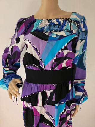 Emilio Pucci Blue purple multicolor signature print long-sleeved dress 6 sz
