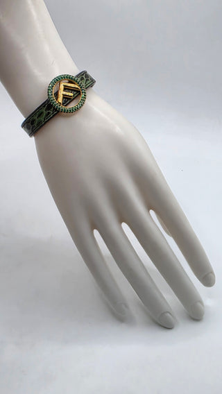 Fendi Gold-tone Crystal Green Snake Skin FF Leather Wrap Bracelet