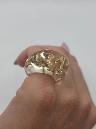 Louis Vuitton Clear Resin Crystal Inclusion LV Charm Ring 5.25