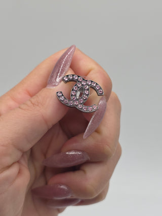 Chanel Silver-tone Pink Strass Interlocking CC Stud Earrings