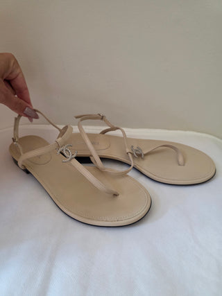 Chanel Beige leather 2019 Interlocking CC Logo T-Strap Sandals 37 sz
