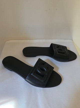 Dolce & Gabbana Black Leather D&G Logo Cutout Sandals 37 sz