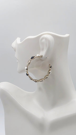 Chanel Faux Pearl Strass Interlocking CC Hoop Earrings