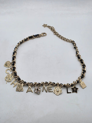 Chanel Gold-tone Faux Pearl, Strass Leather Interlocking Logo Collar Necklace