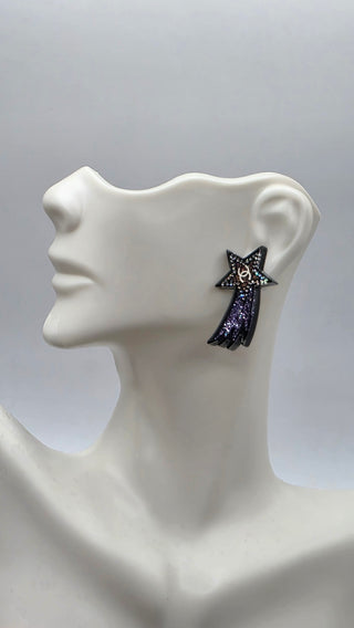 Chanel Black Silver-tone Strass Interlocking CC Shooting Star Earrings