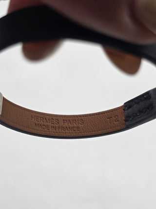 Hermes Black Swift Calfskin Leather Palladium Plated Mini Rivale Bracelet Size T2