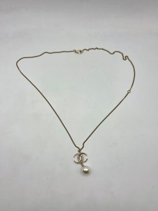 Chanel Gold-tone Faux Pearl  Strass CC Pendant Necklace